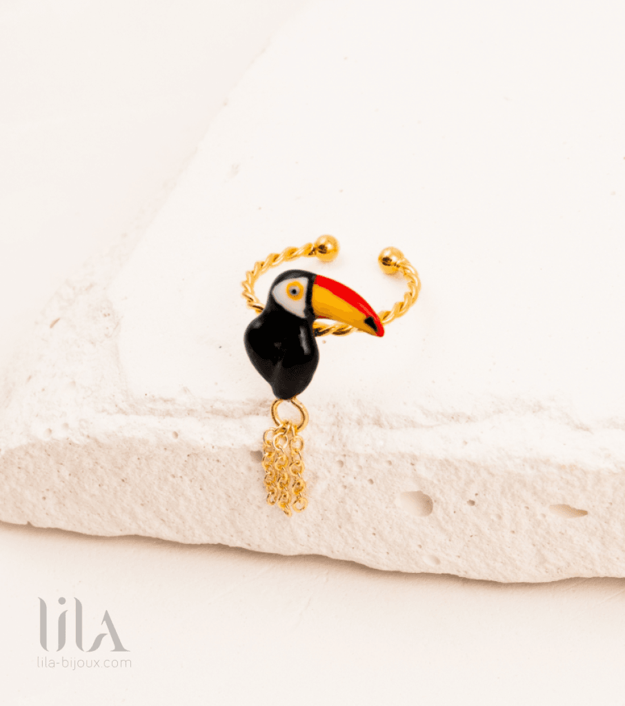 Bague torsadee ajustable toucan avec chaines by Nach lila bijoux