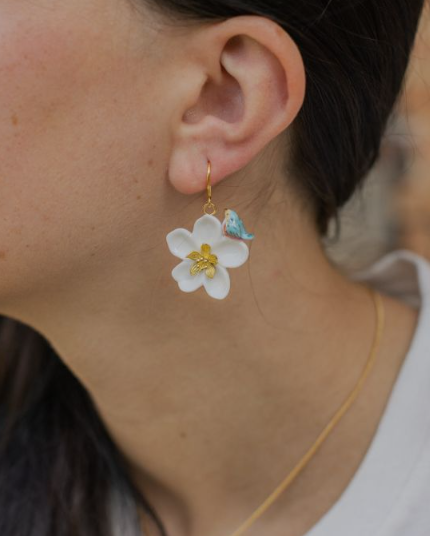 Boucles D'oreilles Fleurs Séchées Hortensia - Blanc - 40mm - Fait Main - Neuf Sans Emballage
