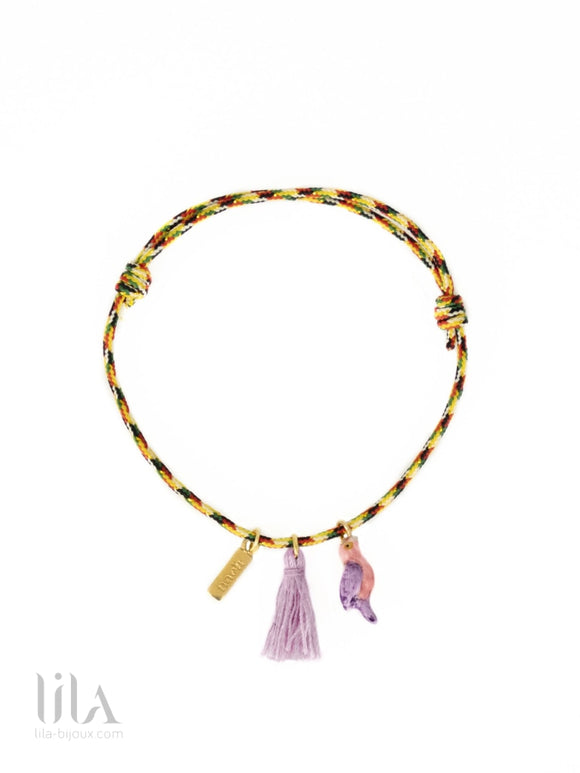 Bracelet Cordon Charms Pompon Perroquet Violet Multicolore Bijoux