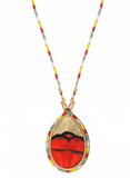 Collier pendentif perles du Japon plumes et cuir | rouge  by Satellite