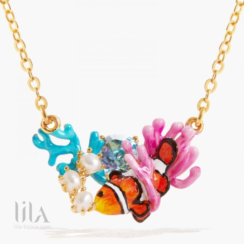Collier Perles Poisson Clown Coloré - Fait Main, Pierres Naturelles, Chaîne 40 Cm Réglable, Style Marin